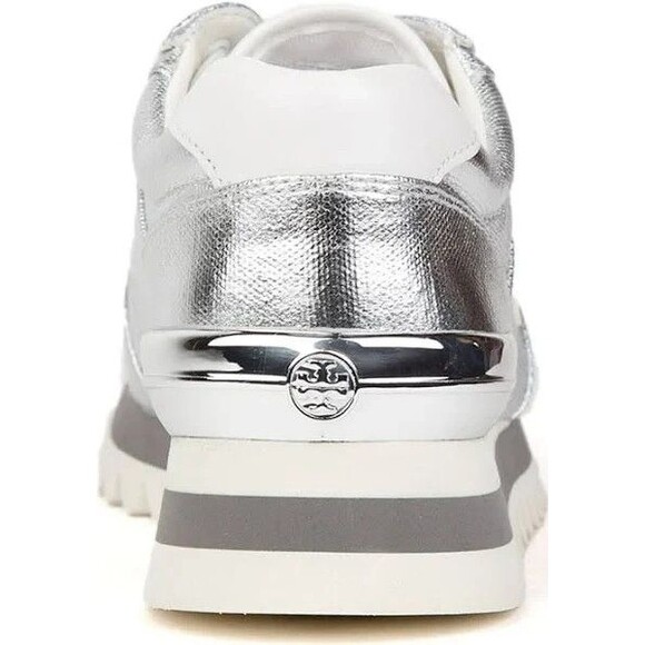 Tory Burch Sawtooth Logo Sneaker Size 7.5 Metallic Canvas Napa Leather Silver - Picture 11 of 12